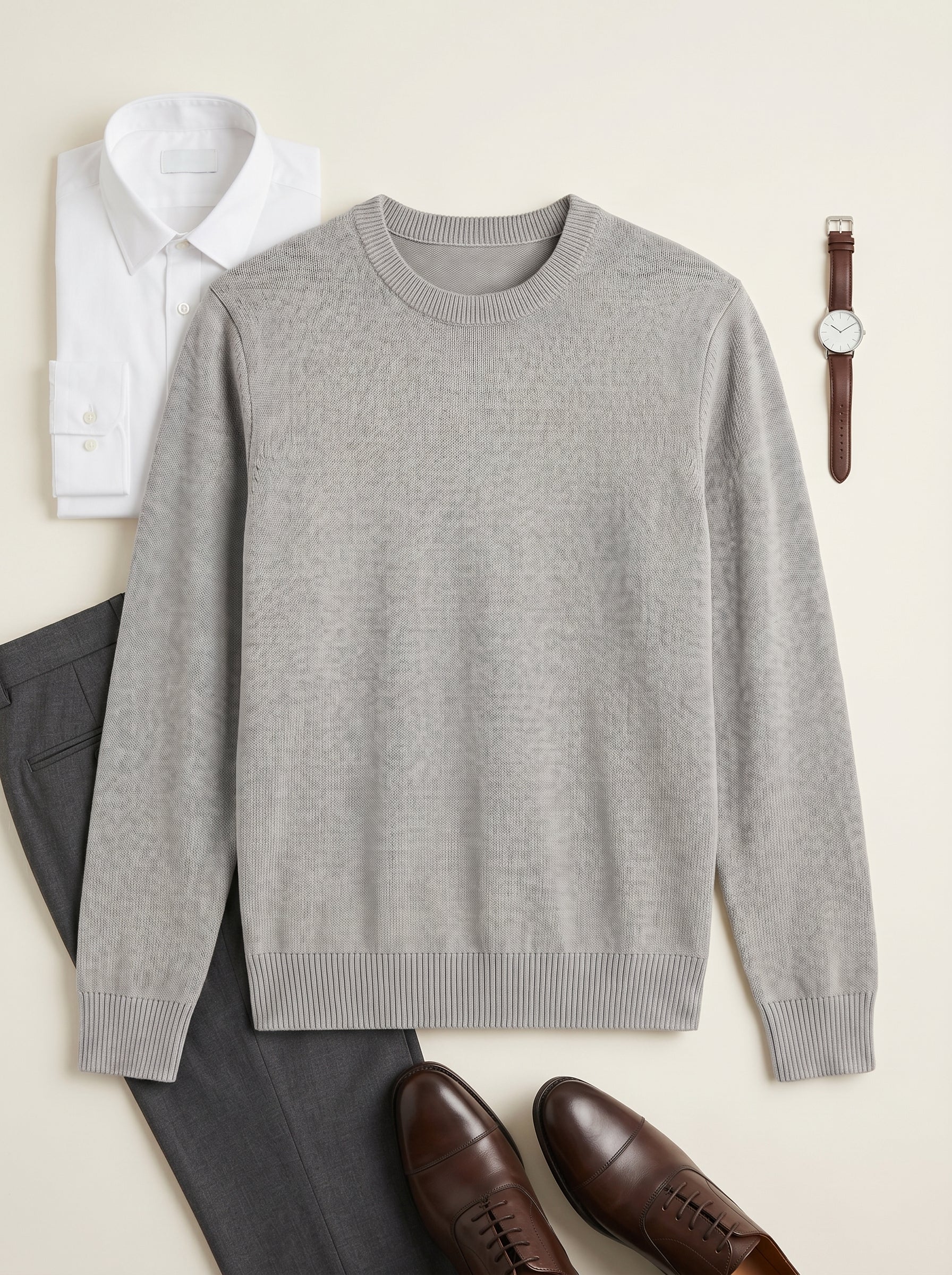 Classic Crew Neck Wool Sweater — Light grey