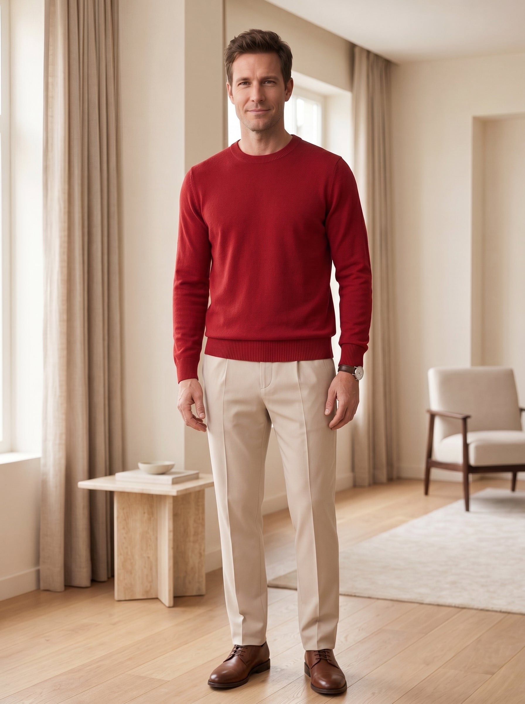 Classic Crew Neck Wool Sweater — Red