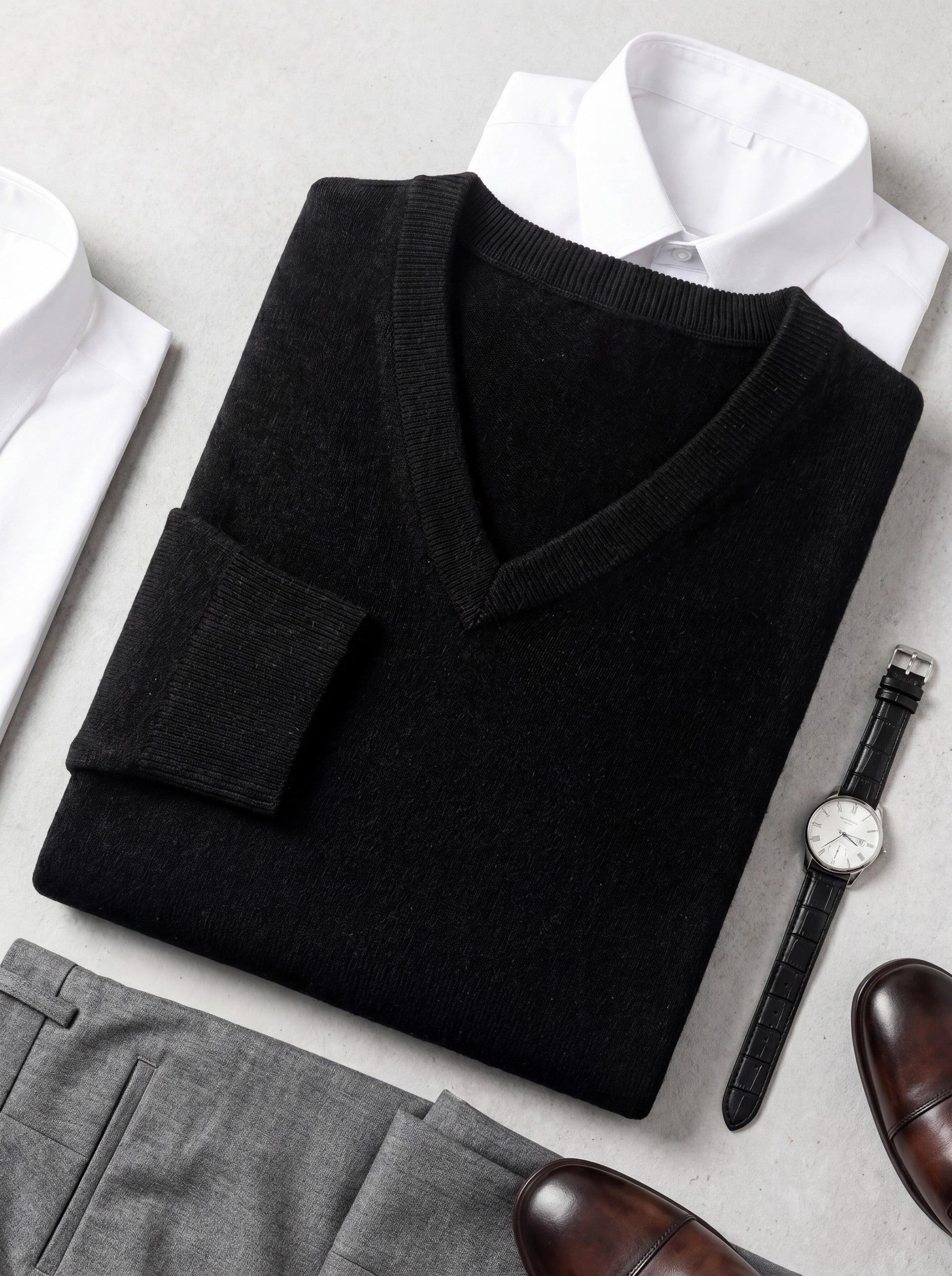 V-Neck Knit Wool Sweater — Black