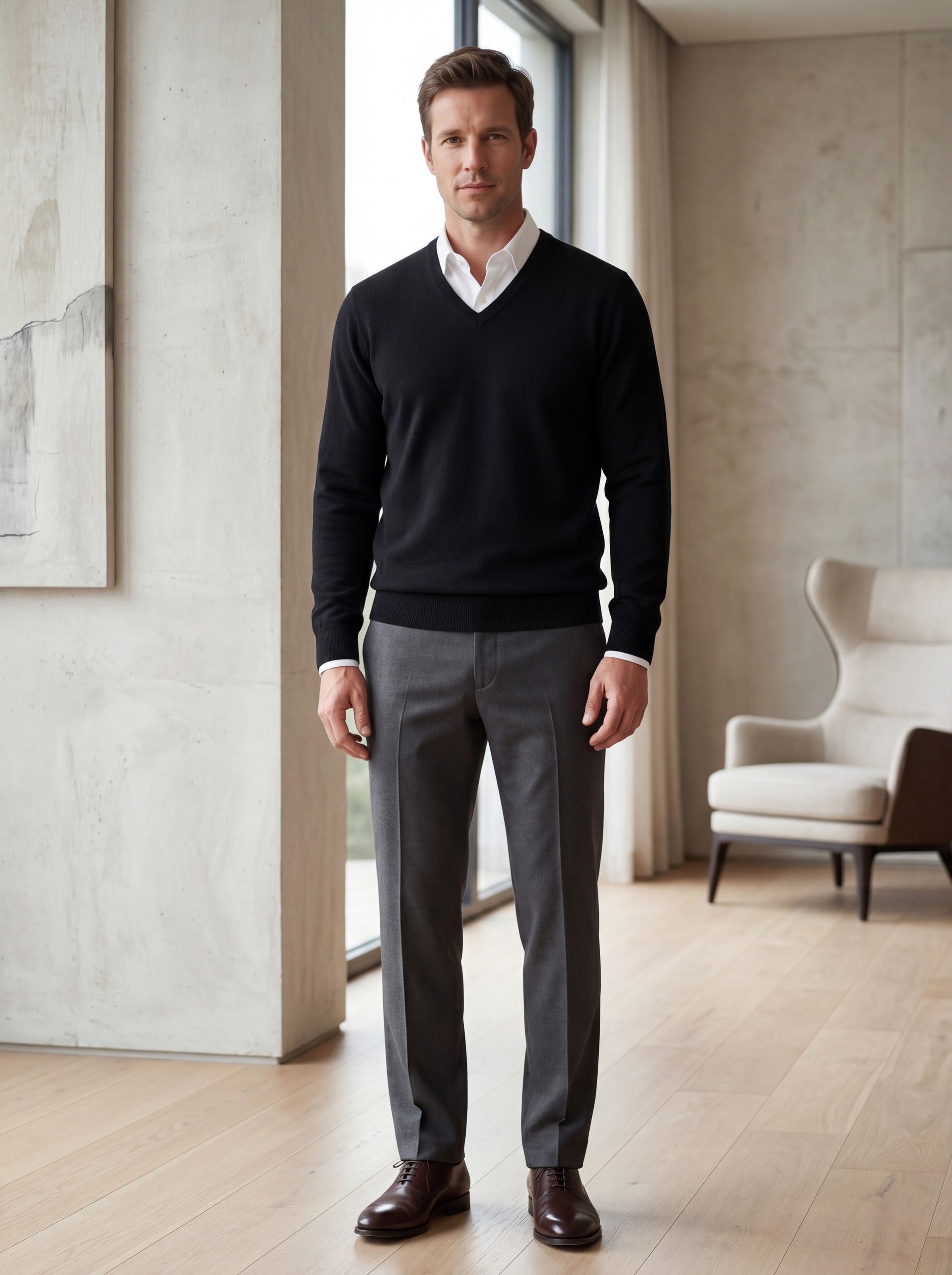 V-Neck Knit Wool Sweater — Black