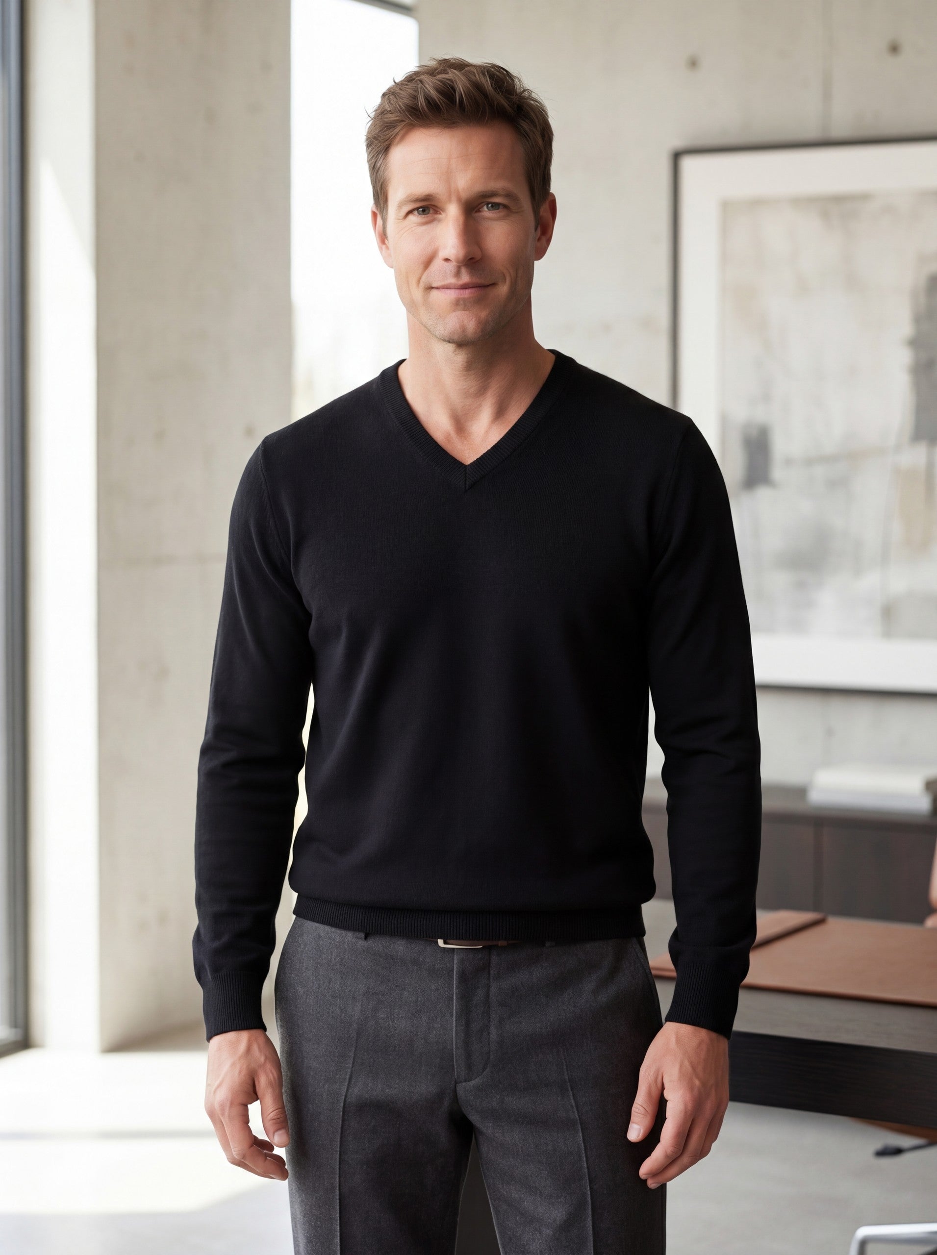 V-Neck Knit Wool Sweater — Black