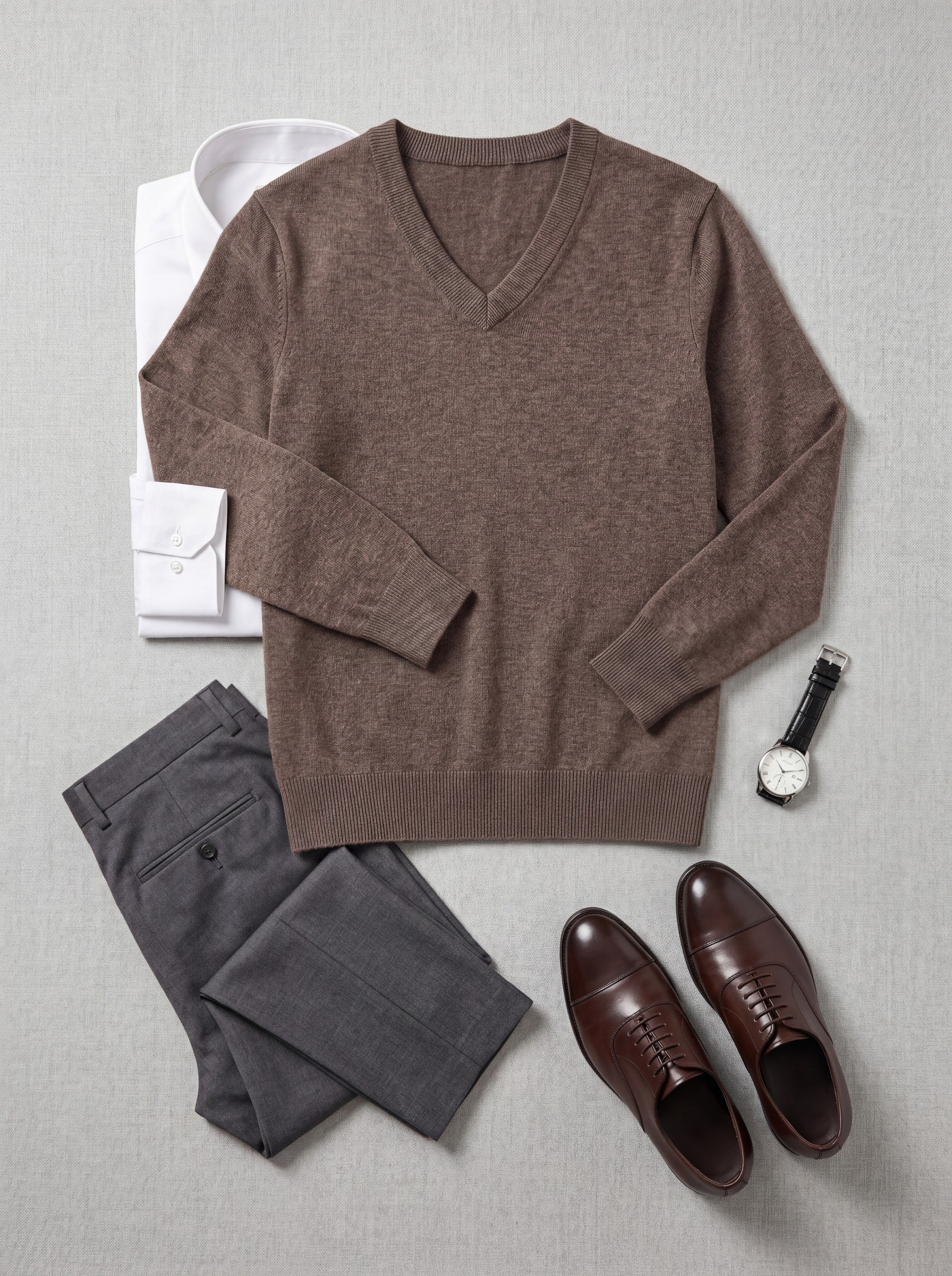 V-Neck Knit Wool Sweater — Brown