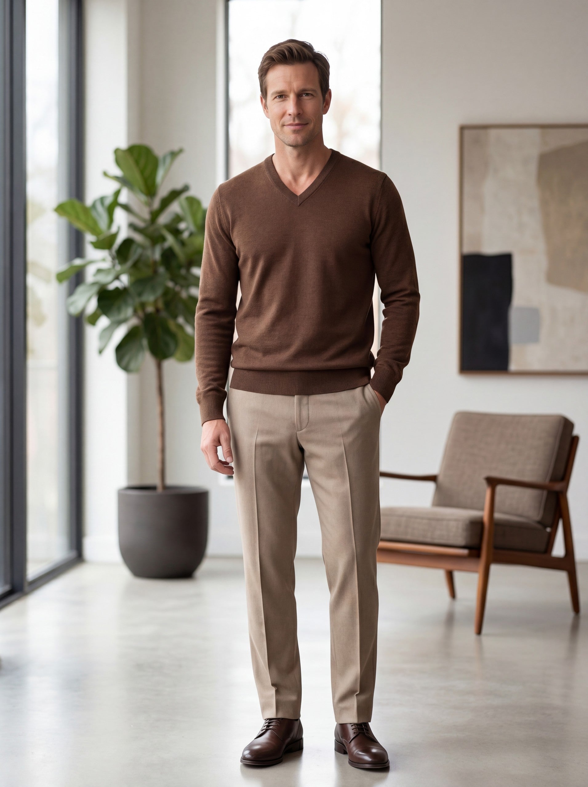 V-Neck Knit Wool Sweater — Brown