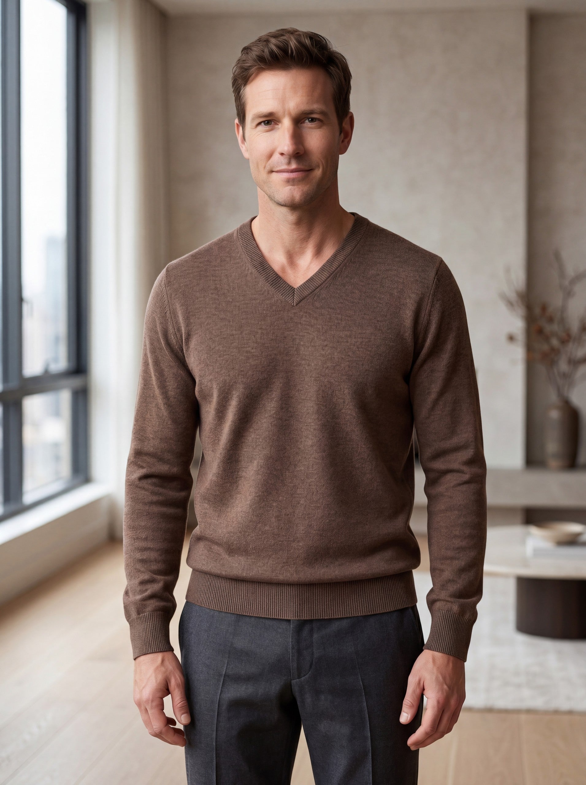 V-Neck Knit Wool Sweater — Brown