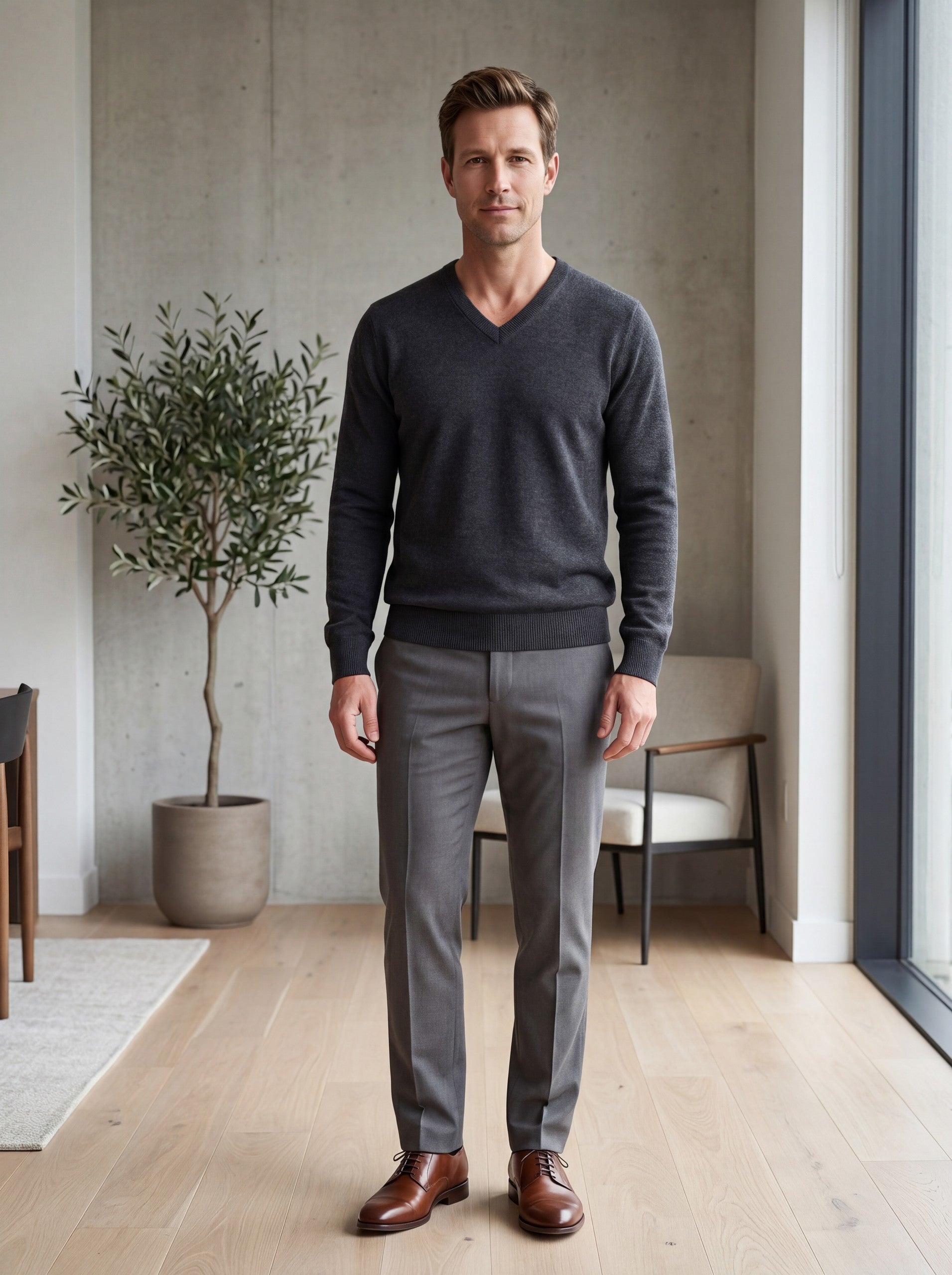 V-Neck Knit Wool Sweater — Dark grey