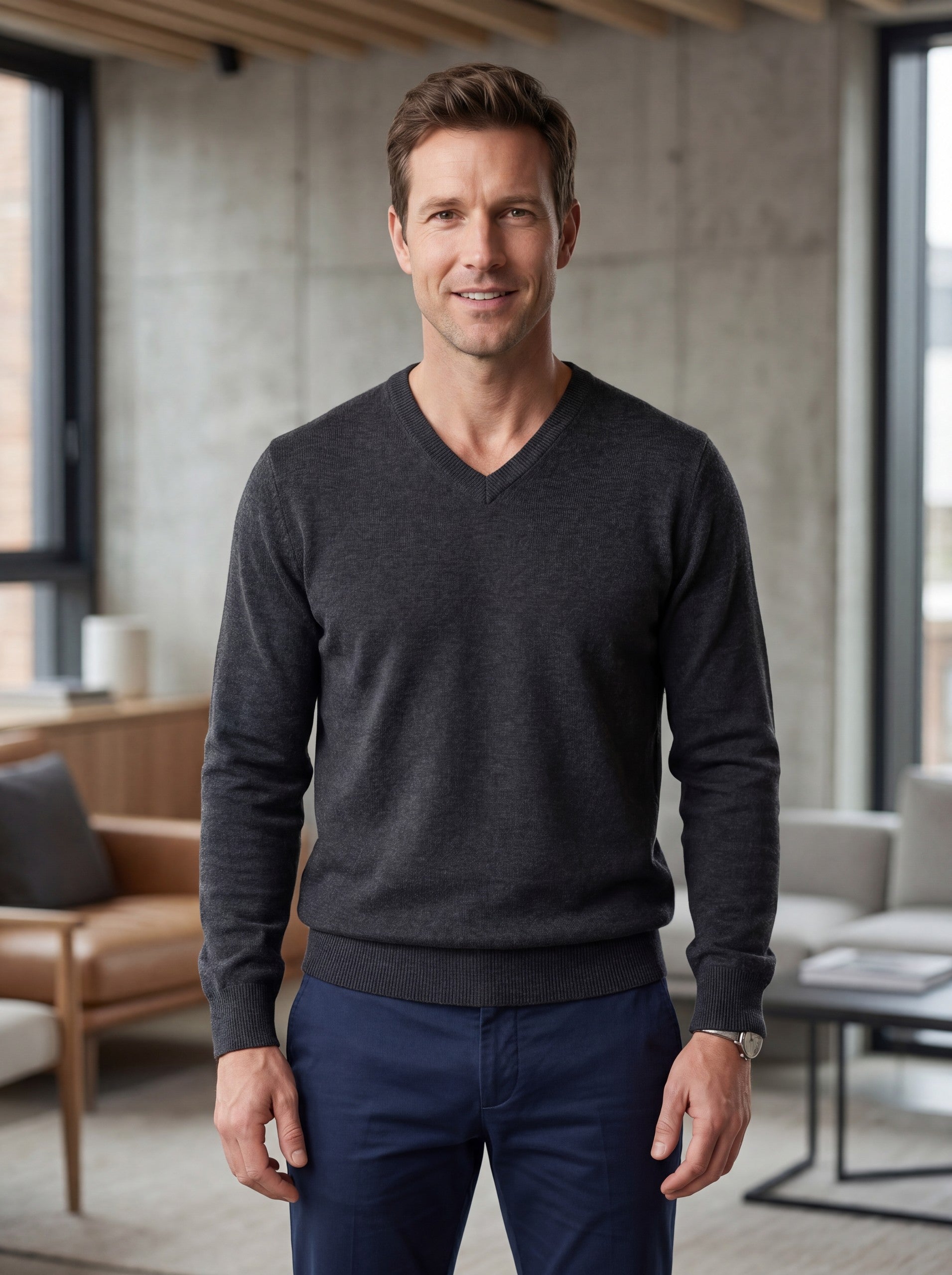 V-Neck Knit Wool Sweater — Dark grey