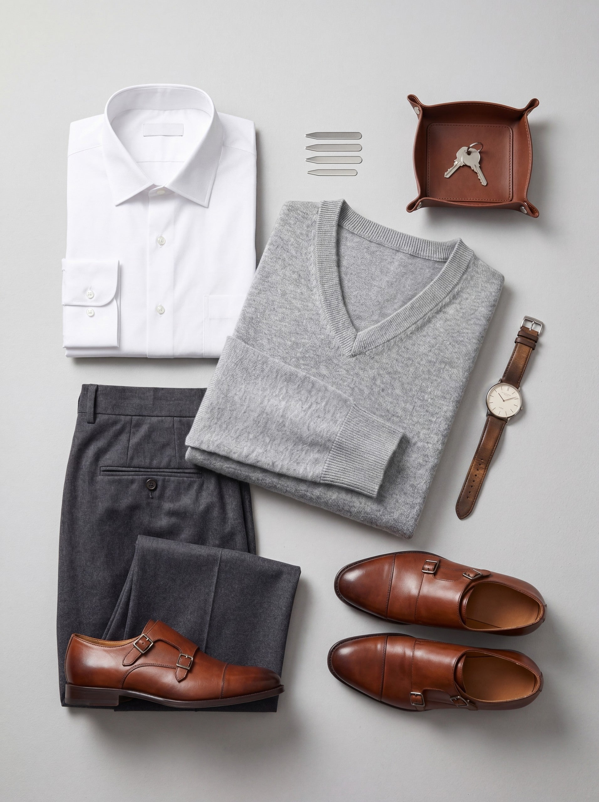 V-Neck Knit Wool Sweater — Light grey