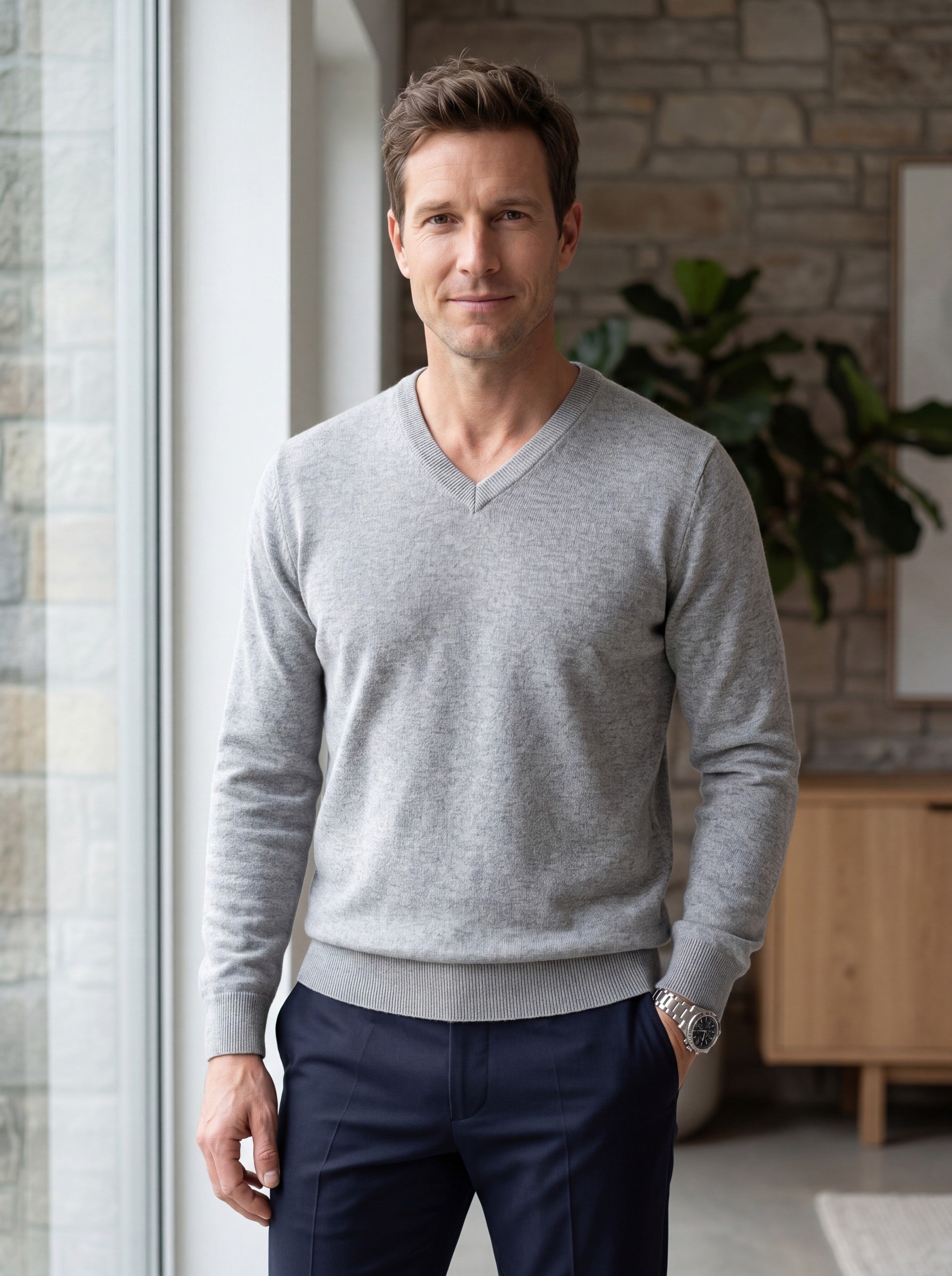 V-Neck Knit Wool Sweater — Light grey