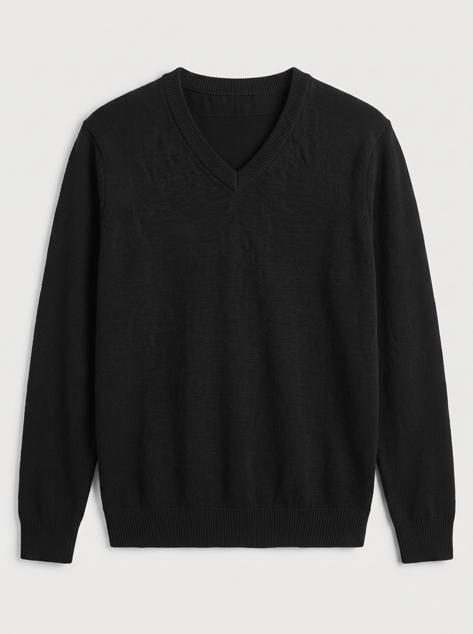 Fine Knit Wool V-Neck Sweater — Black
