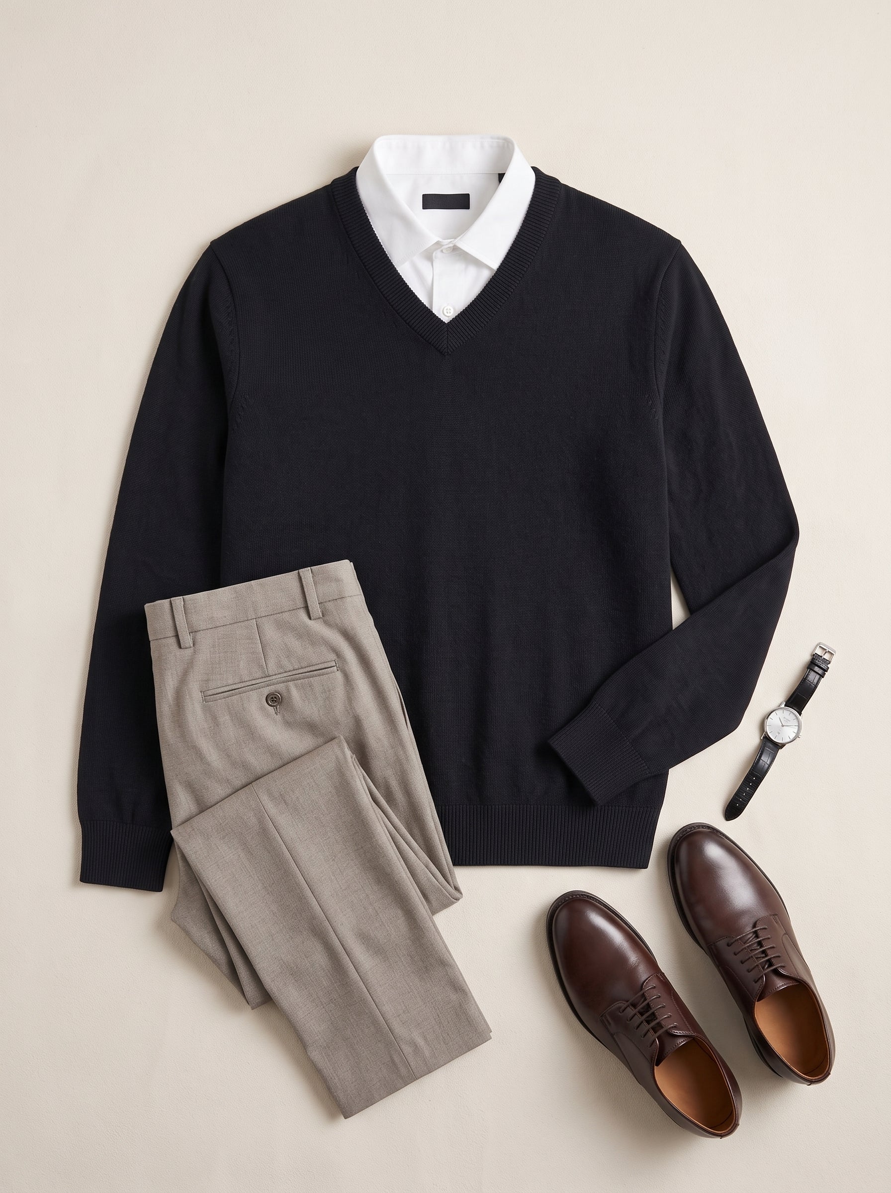 Fine Knit Wool V-Neck Sweater — Black