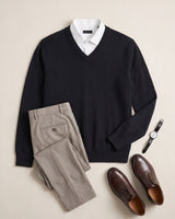 Fine Knit Wool V-Neck Sweater — Black