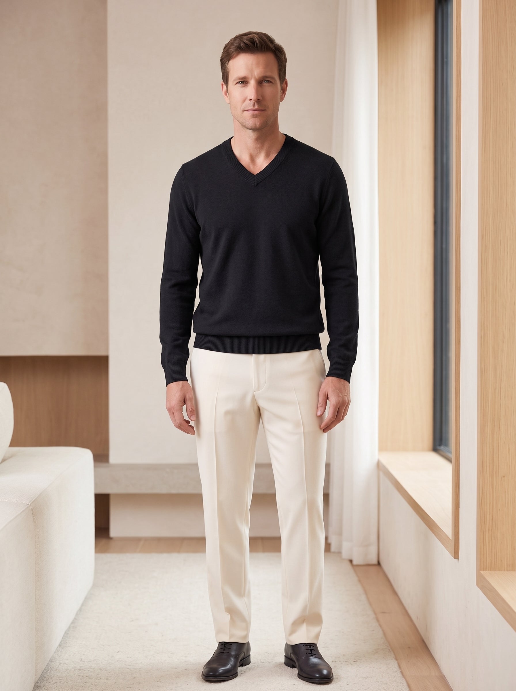 Fine Knit Wool V-Neck Sweater — Black