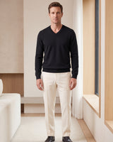 Fine Knit Wool V-Neck Sweater — Black