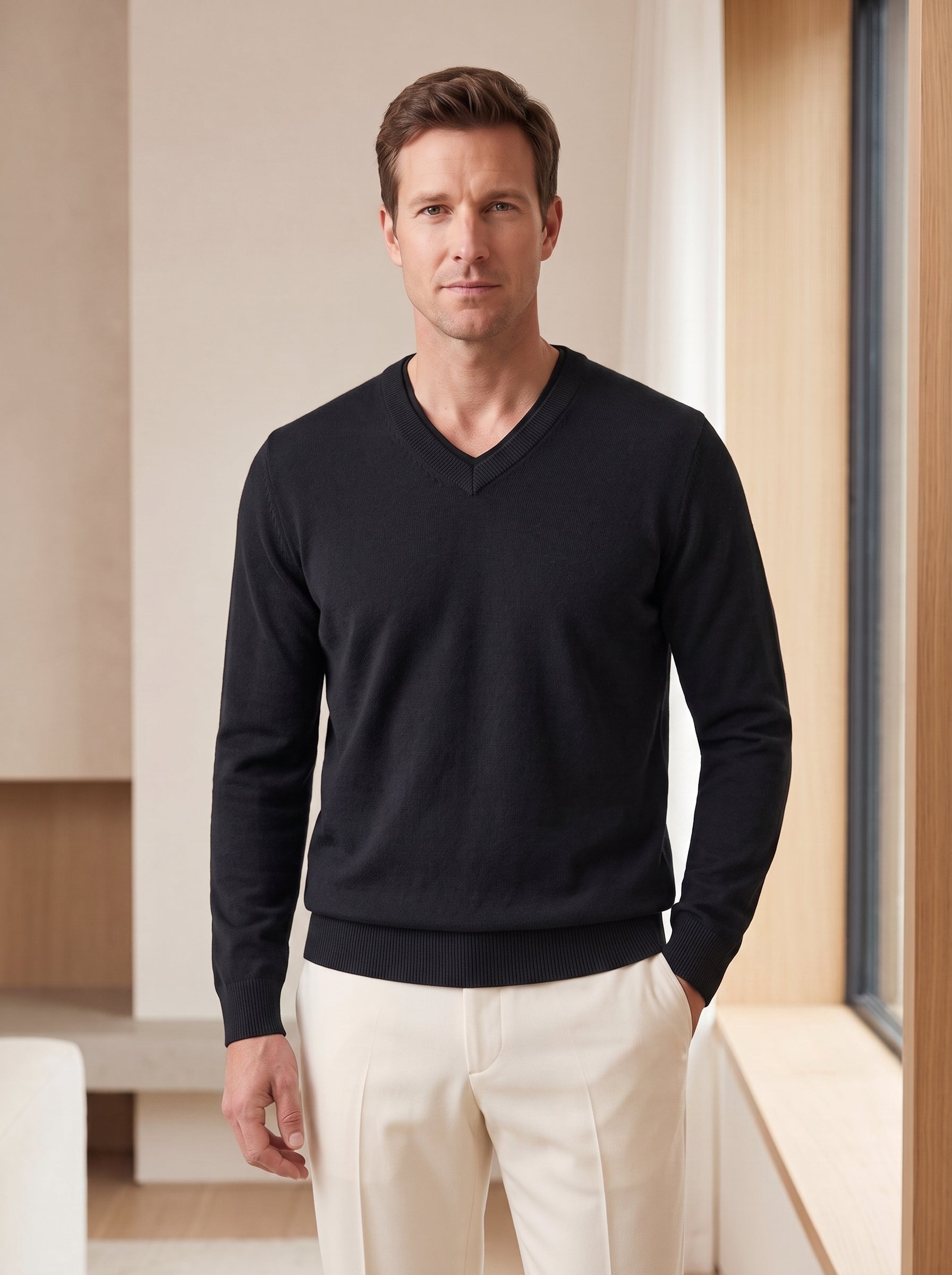 Fine Knit Wool V-Neck Sweater — Black