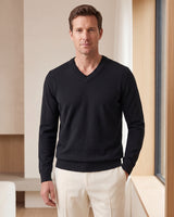 Fine Knit Wool V-Neck Sweater — Black
