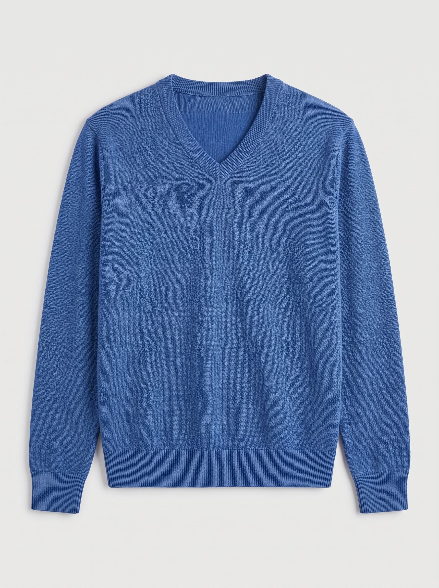 Fine Knit Wool V-Neck Sweater — Blue