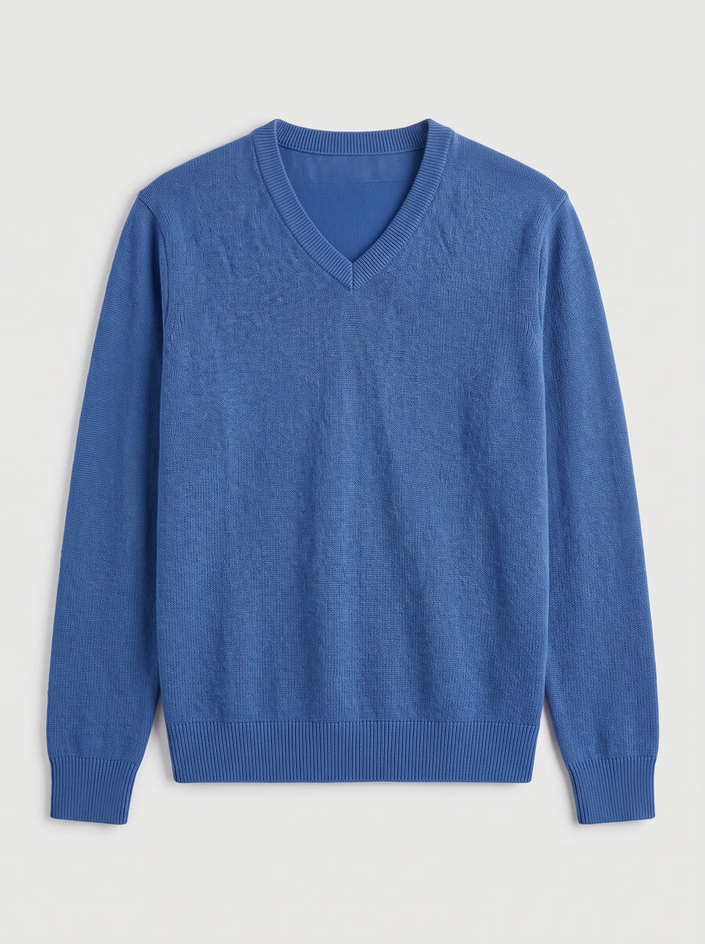 Fine Knit Wool V-Neck Sweater — Blue