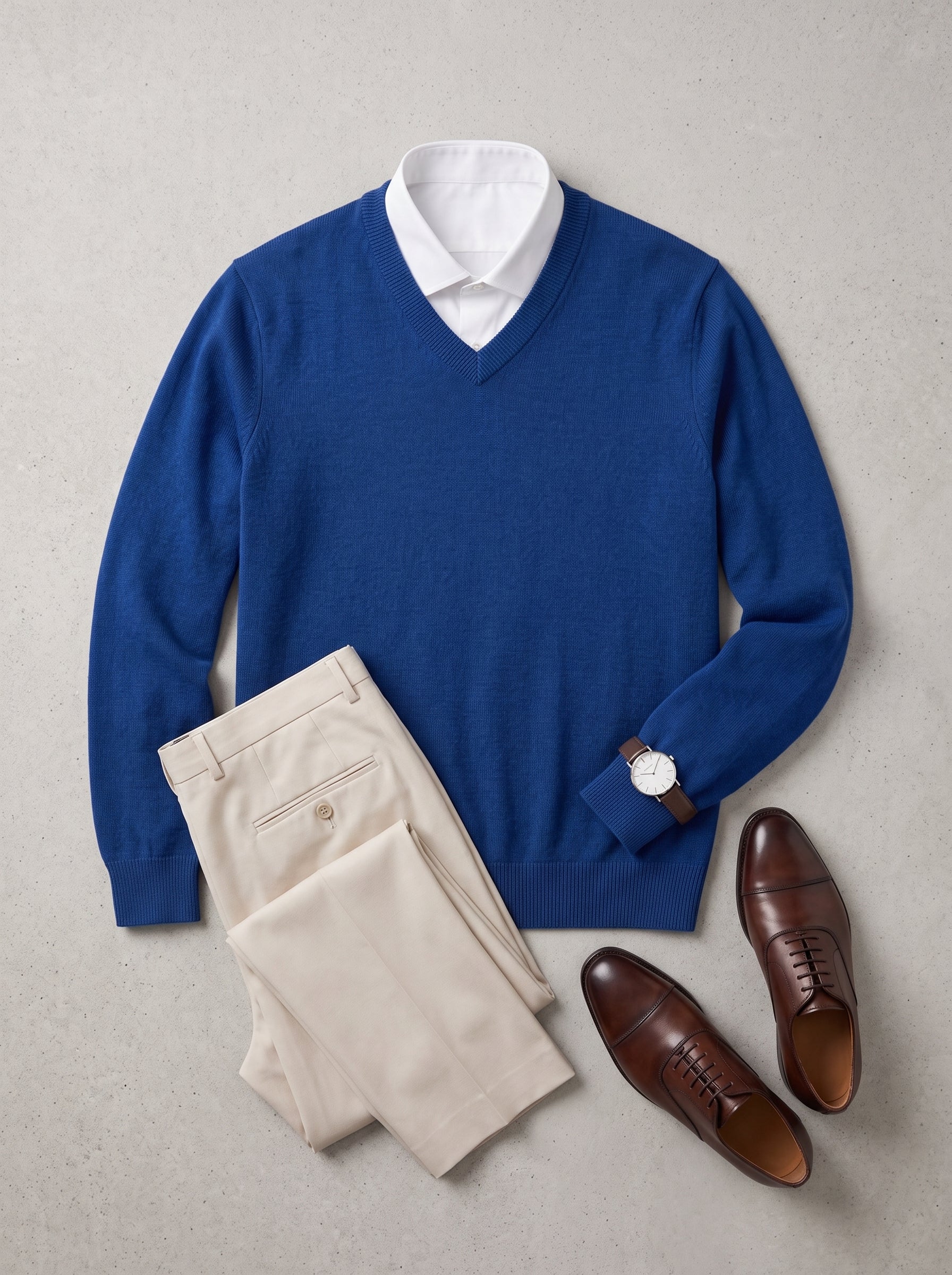 Fine Knit Wool V-Neck Sweater — Blue