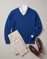 Fine Knit Wool V-Neck Sweater — Blue