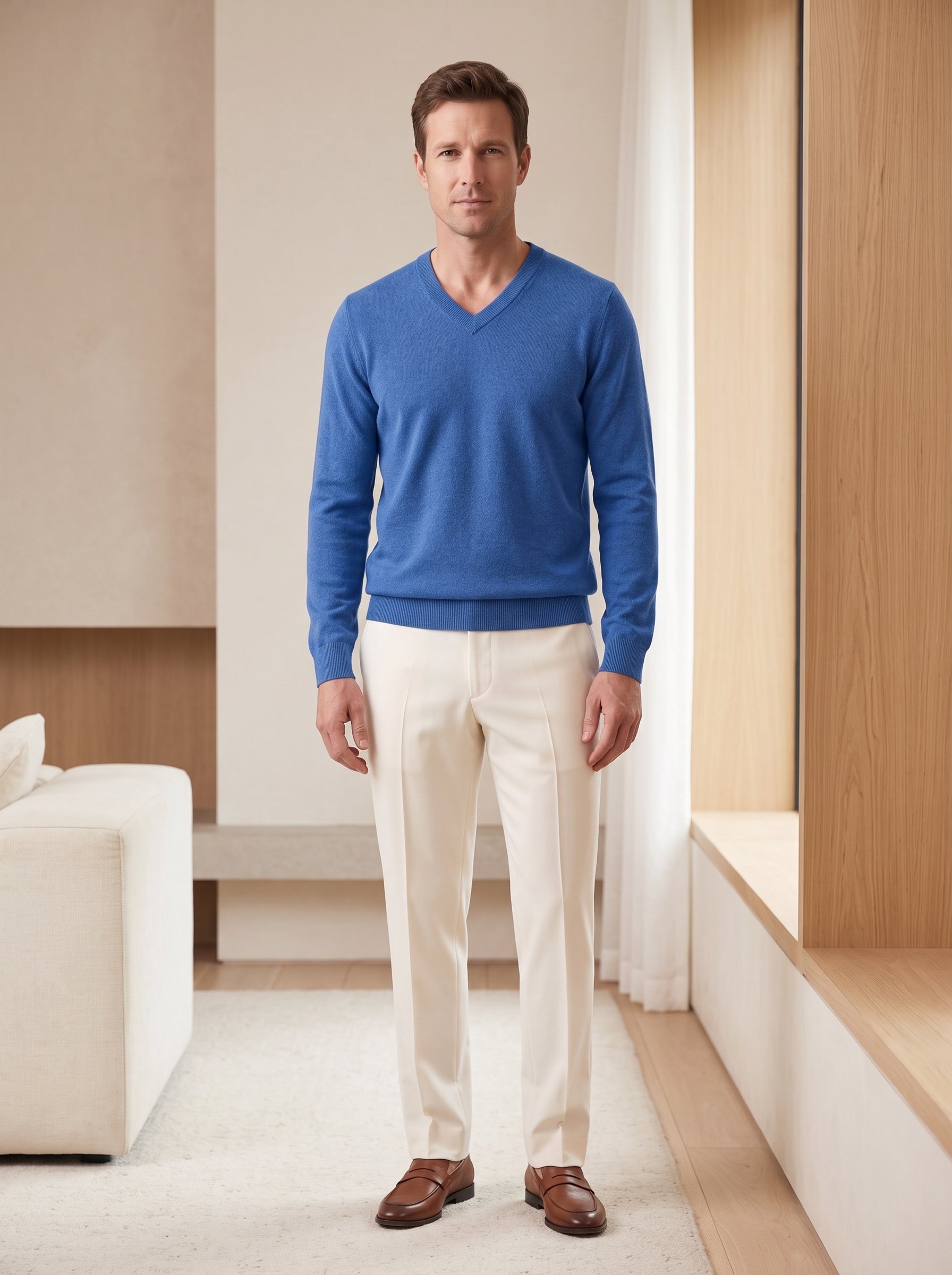 Fine Knit Wool V-Neck Sweater — Blue