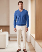 Fine Knit Wool V-Neck Sweater — Blue