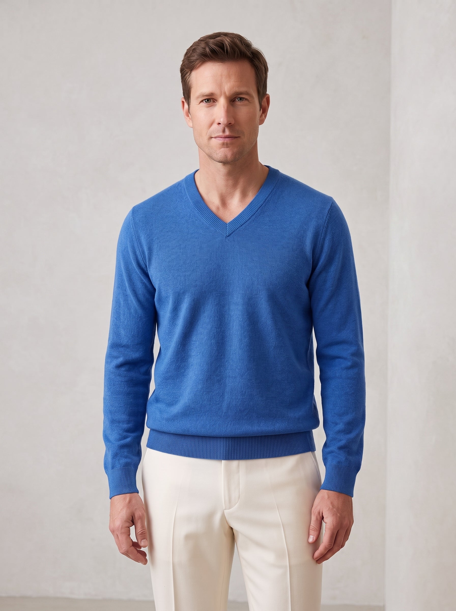 Fine Knit Wool V-Neck Sweater — Blue