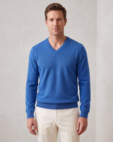 Fine Knit Wool V-Neck Sweater — Blue