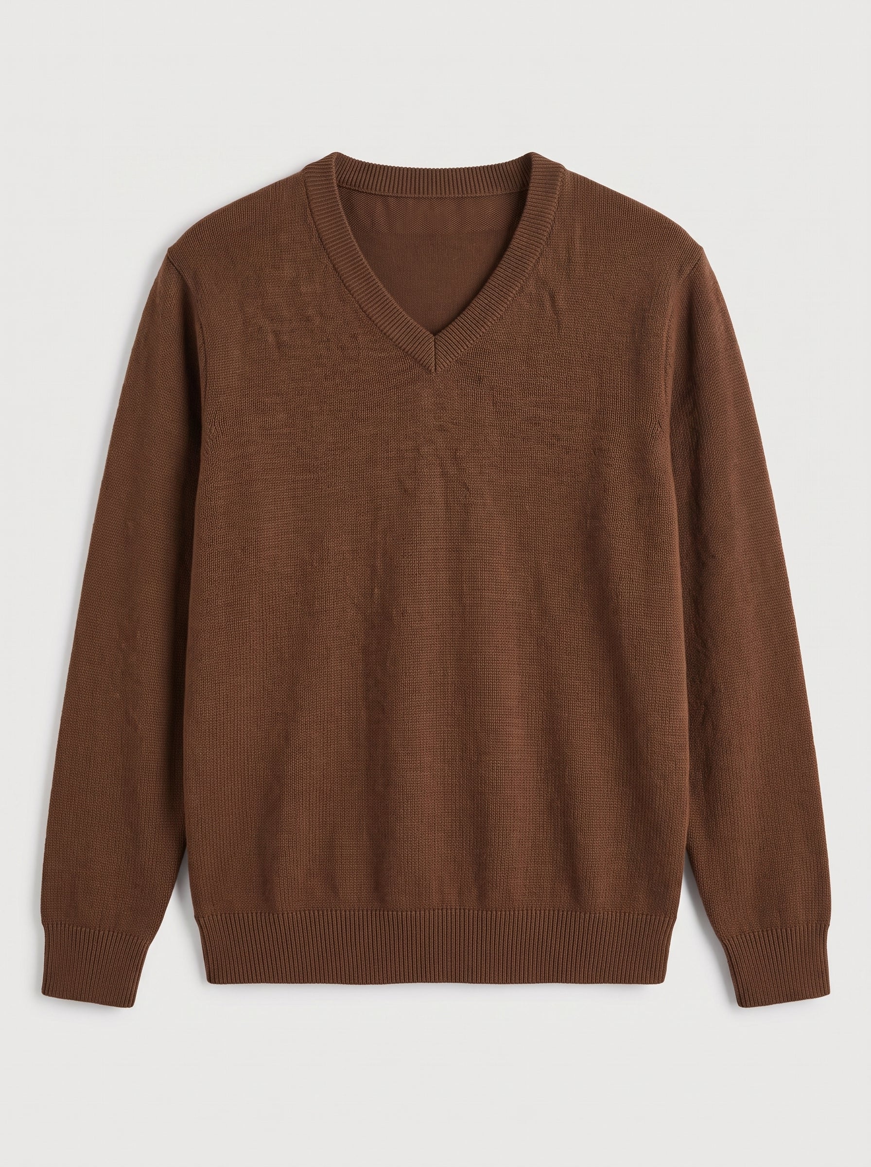 Fine Knit Wool V-Neck Sweater — Brown