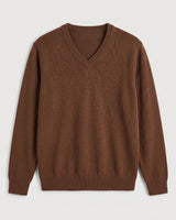 Fine Knit Wool V-Neck Sweater — Brown