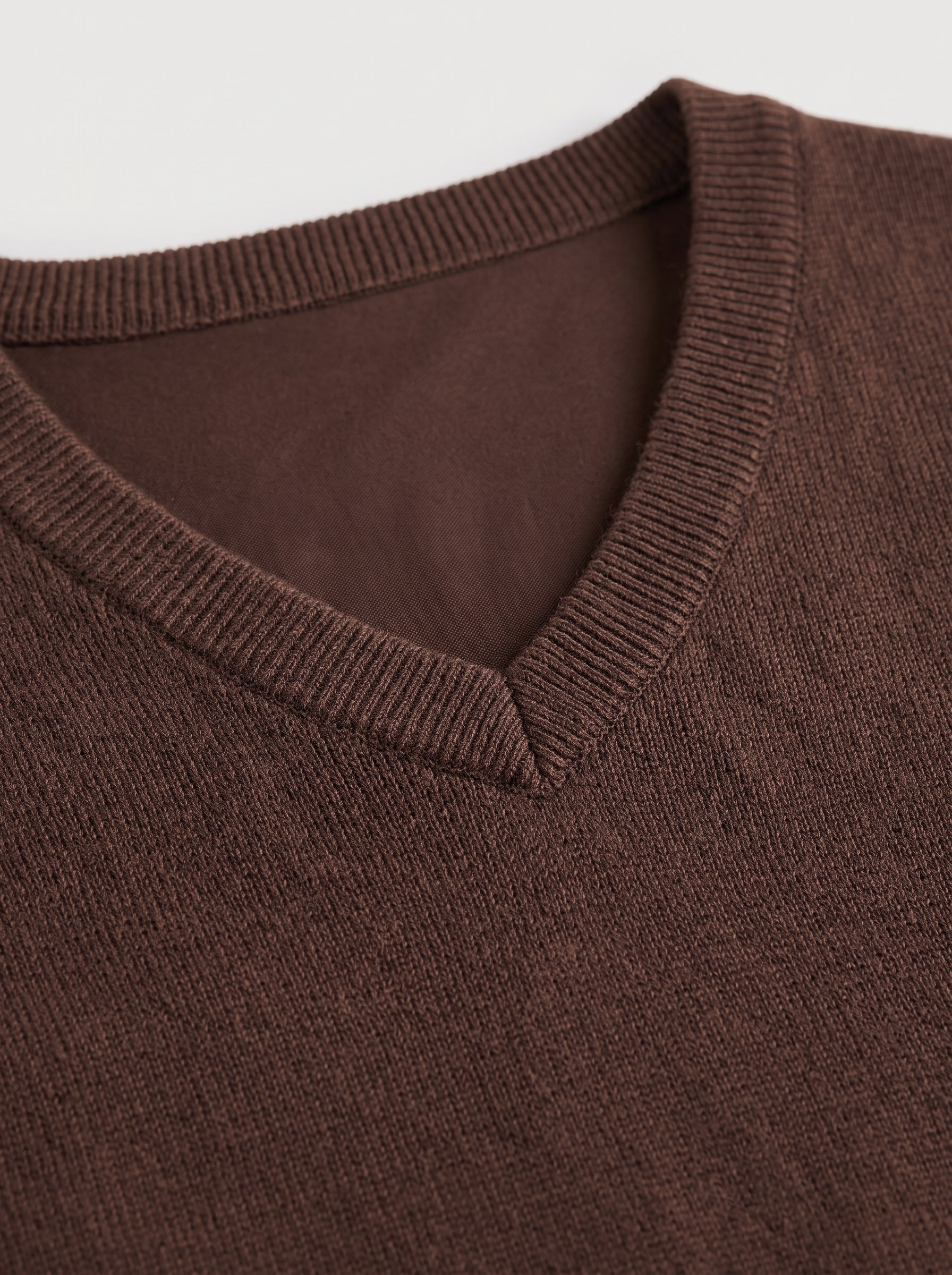 Fine Knit Wool V-Neck Sweater — Brown