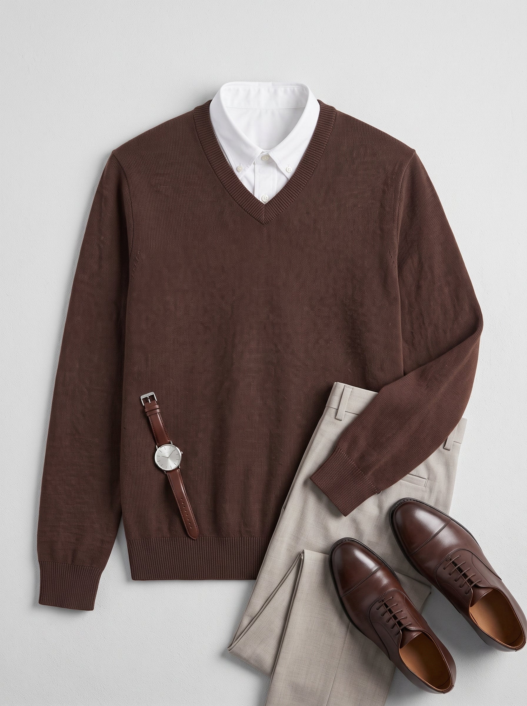 Fine Knit Wool V-Neck Sweater — Brown