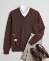 Fine Knit Wool V-Neck Sweater — Brown
