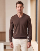 Fine Knit Wool V-Neck Sweater — Brown