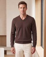 Fine Knit Wool V-Neck Sweater — Brown
