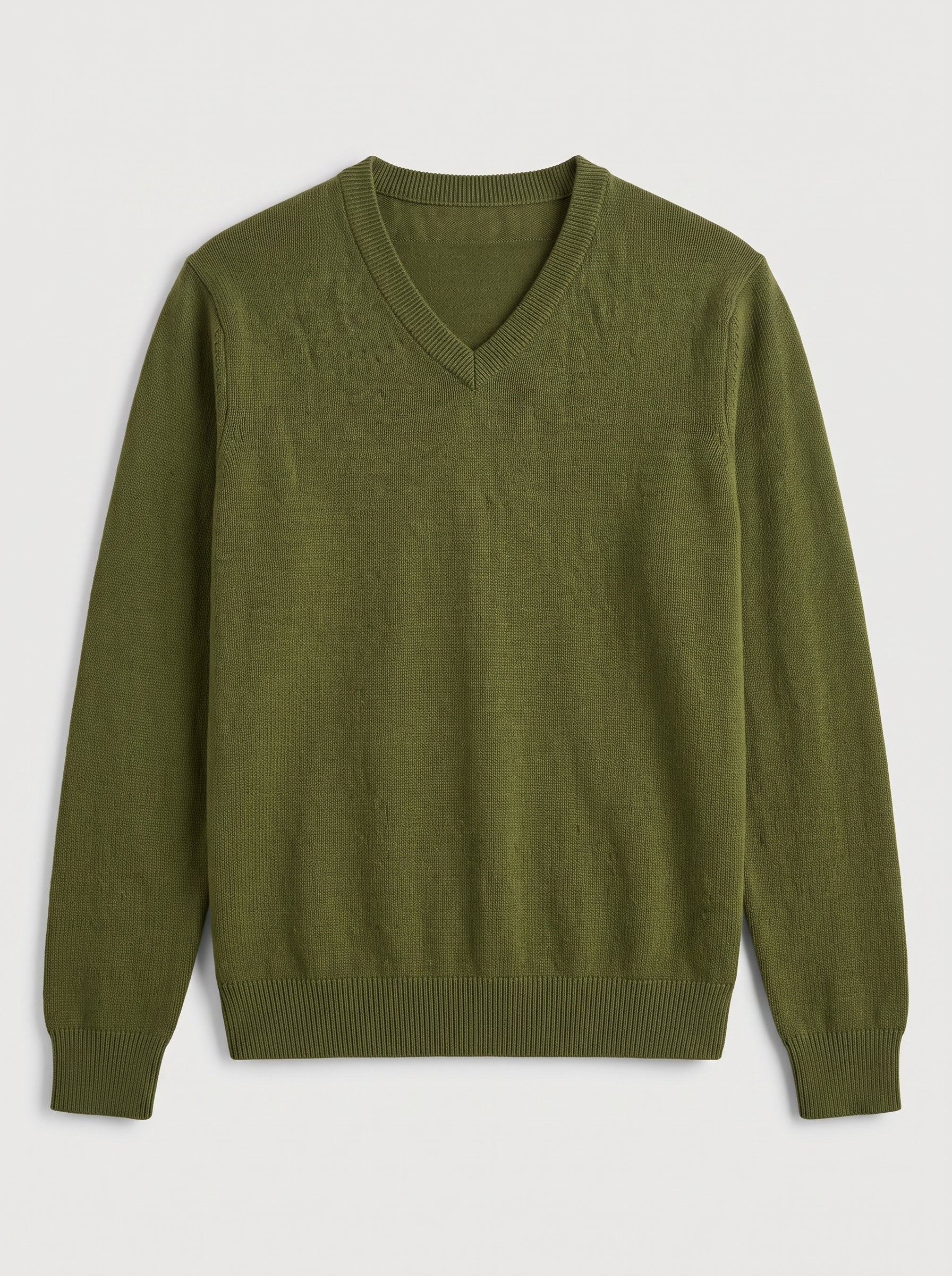 Fine Knit Wool V-Neck Sweater — Olive