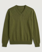 Fine Knit Wool V-Neck Sweater — Olive