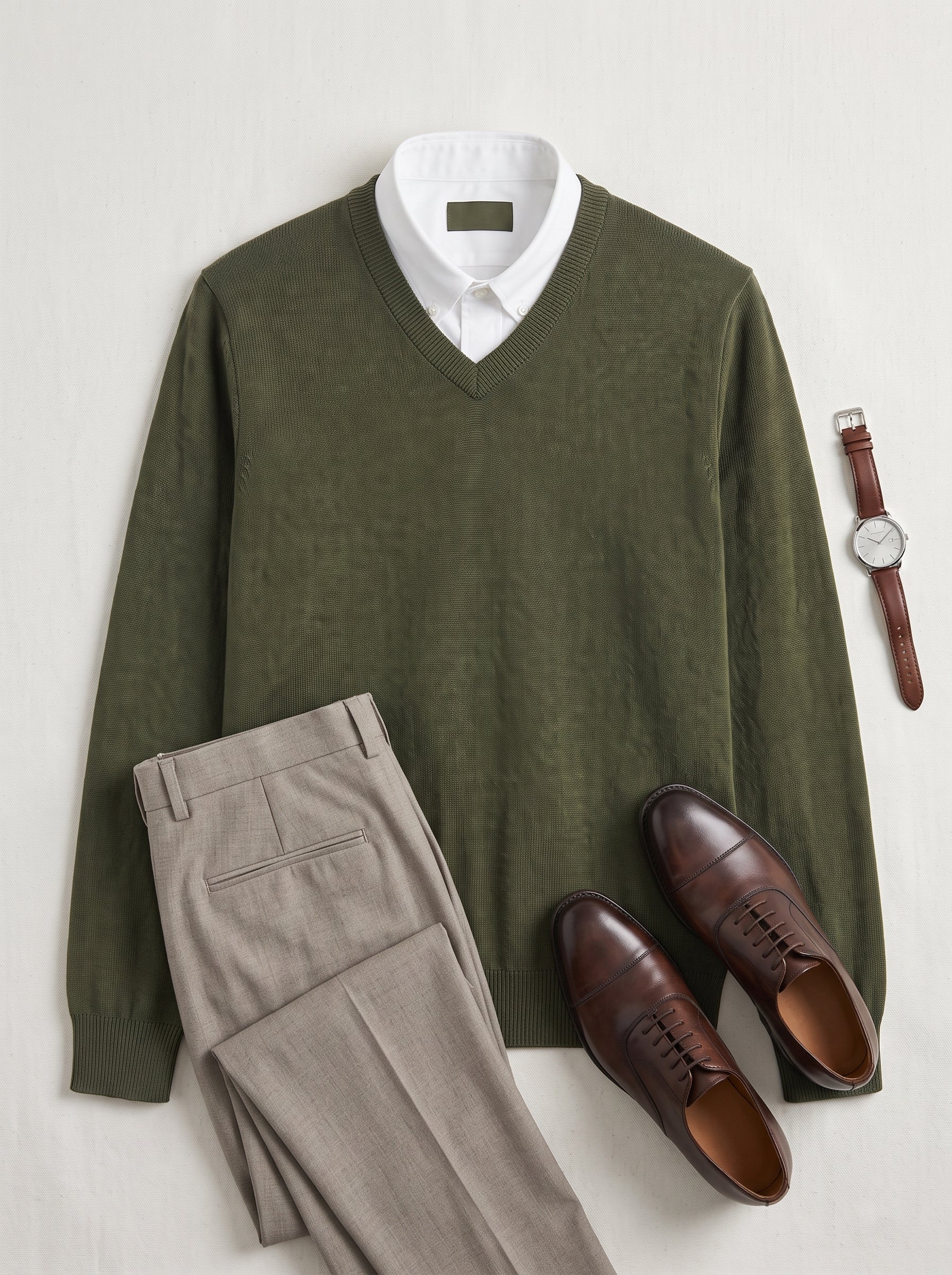 Fine Knit Wool V-Neck Sweater — Olive