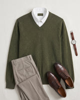 Fine Knit Wool V-Neck Sweater — Olive