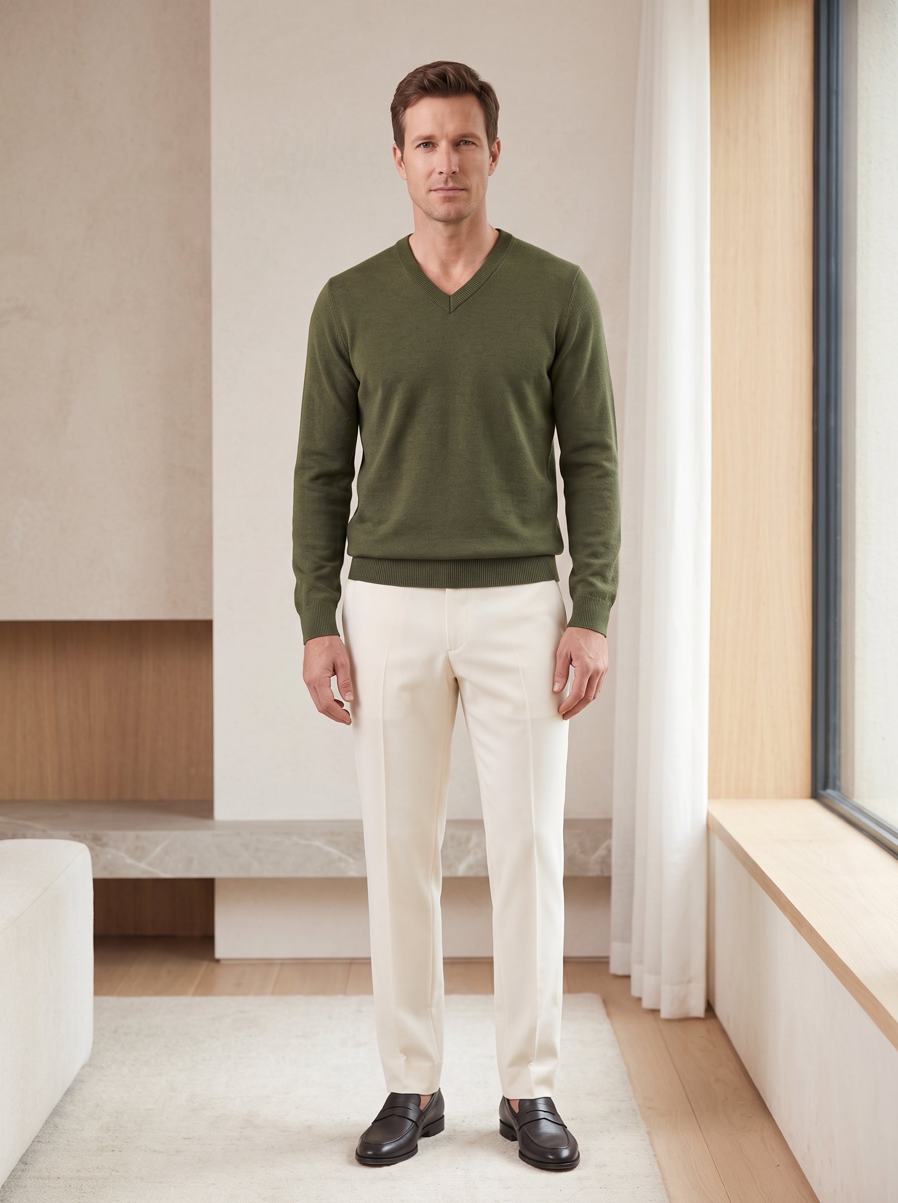 Fine Knit Wool V-Neck Sweater — Olive