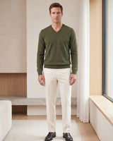 Fine Knit Wool V-Neck Sweater — Olive