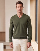 Fine Knit Wool V-Neck Sweater — Olive