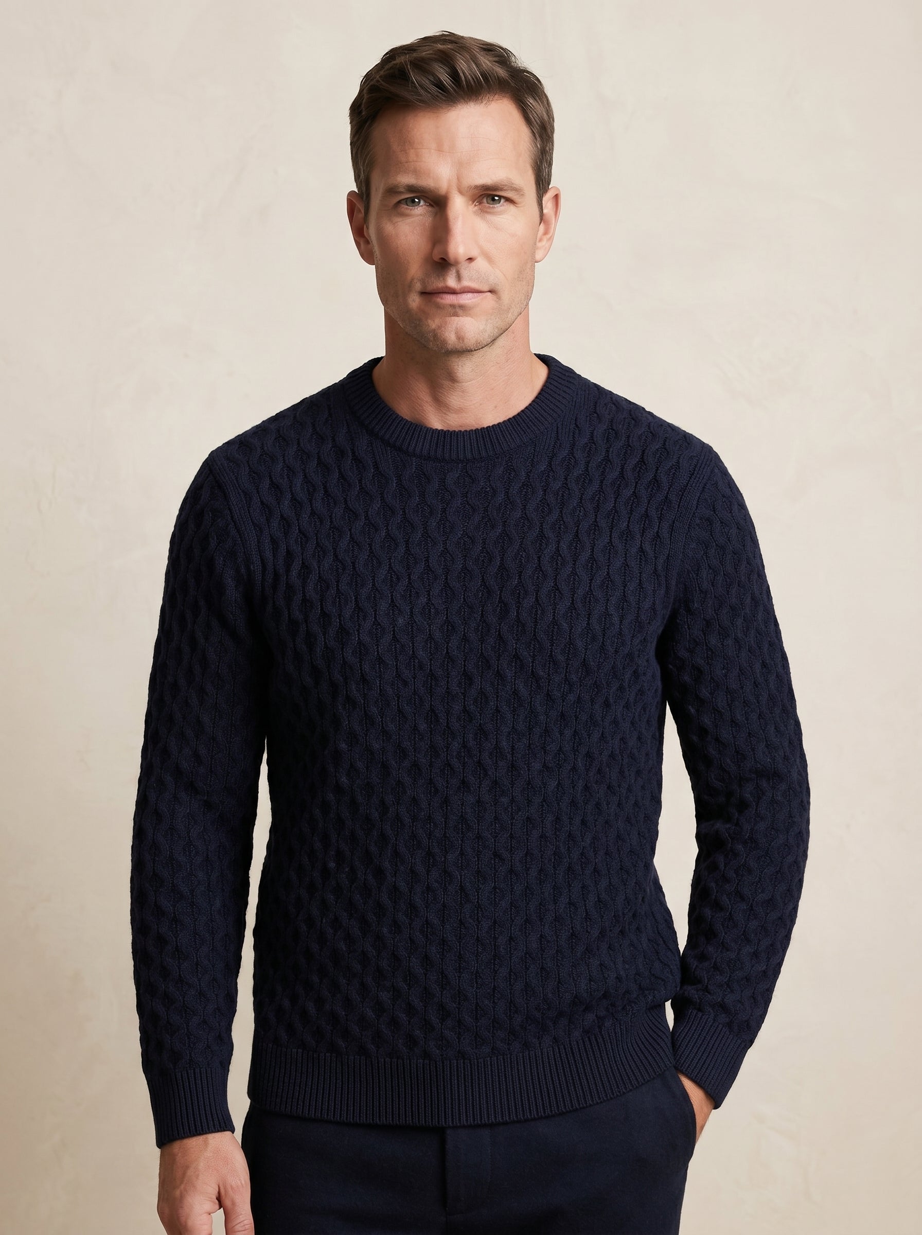 Men's Cable Knit Crew Neck Pullover — Navy — 05