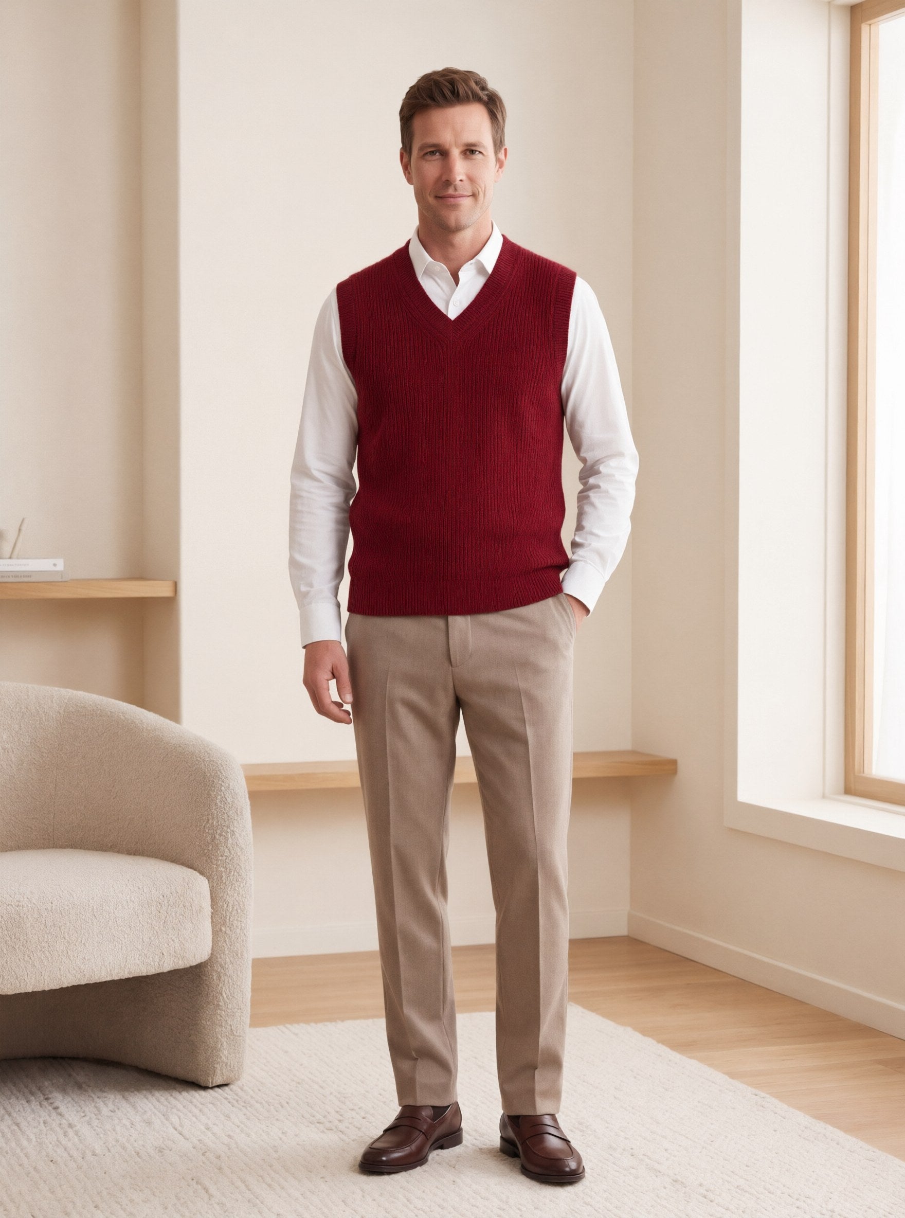 ZHILIFS men's sleeveless V-neck sweater vest in Crimson