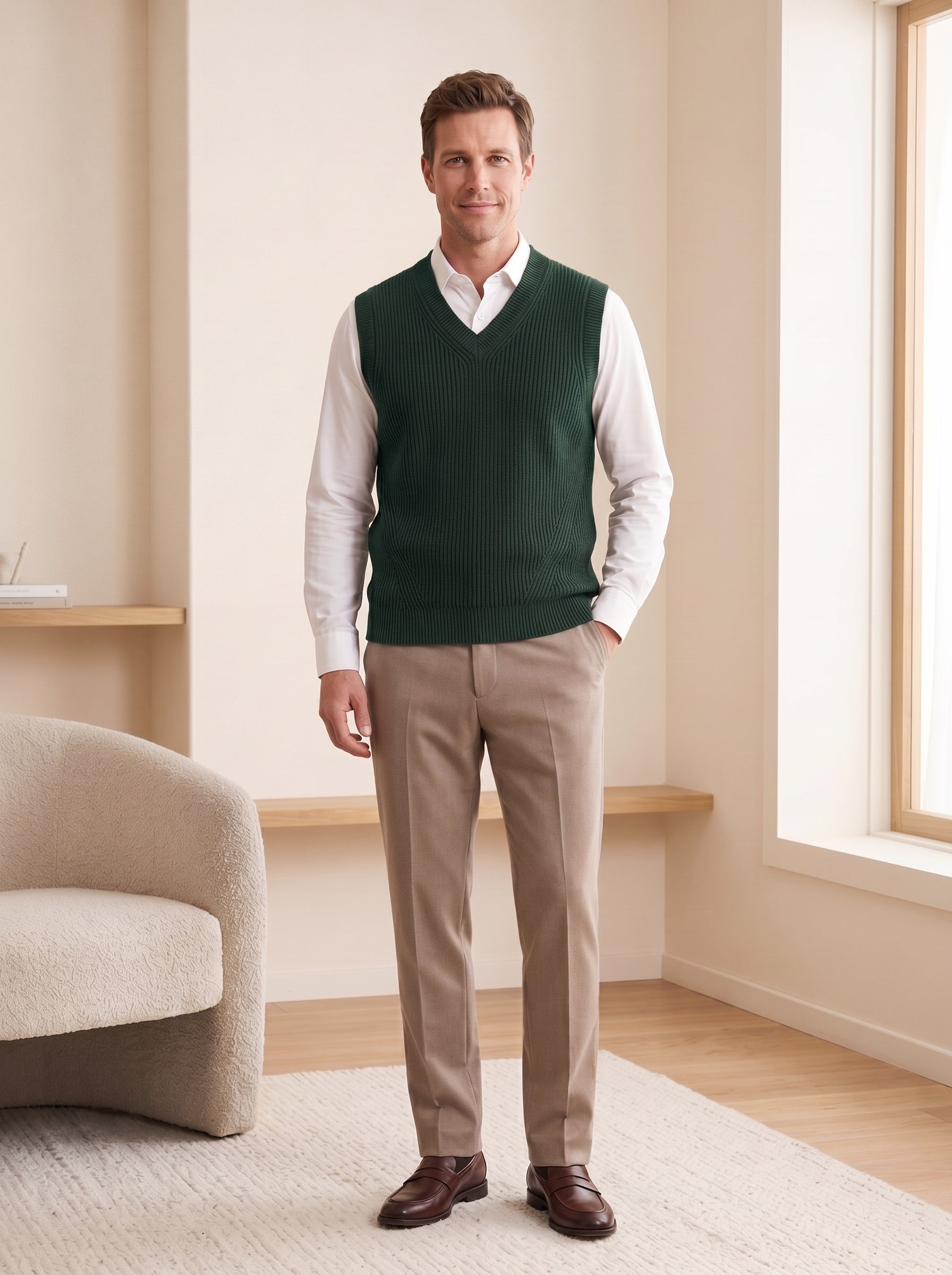 Sleeveless V-Neck Vest — Dark green