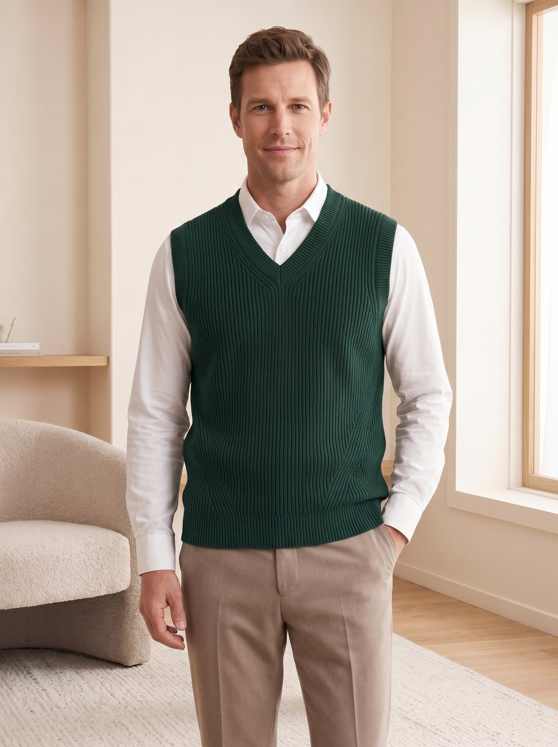 Sleeveless V-Neck Vest — Dark green
