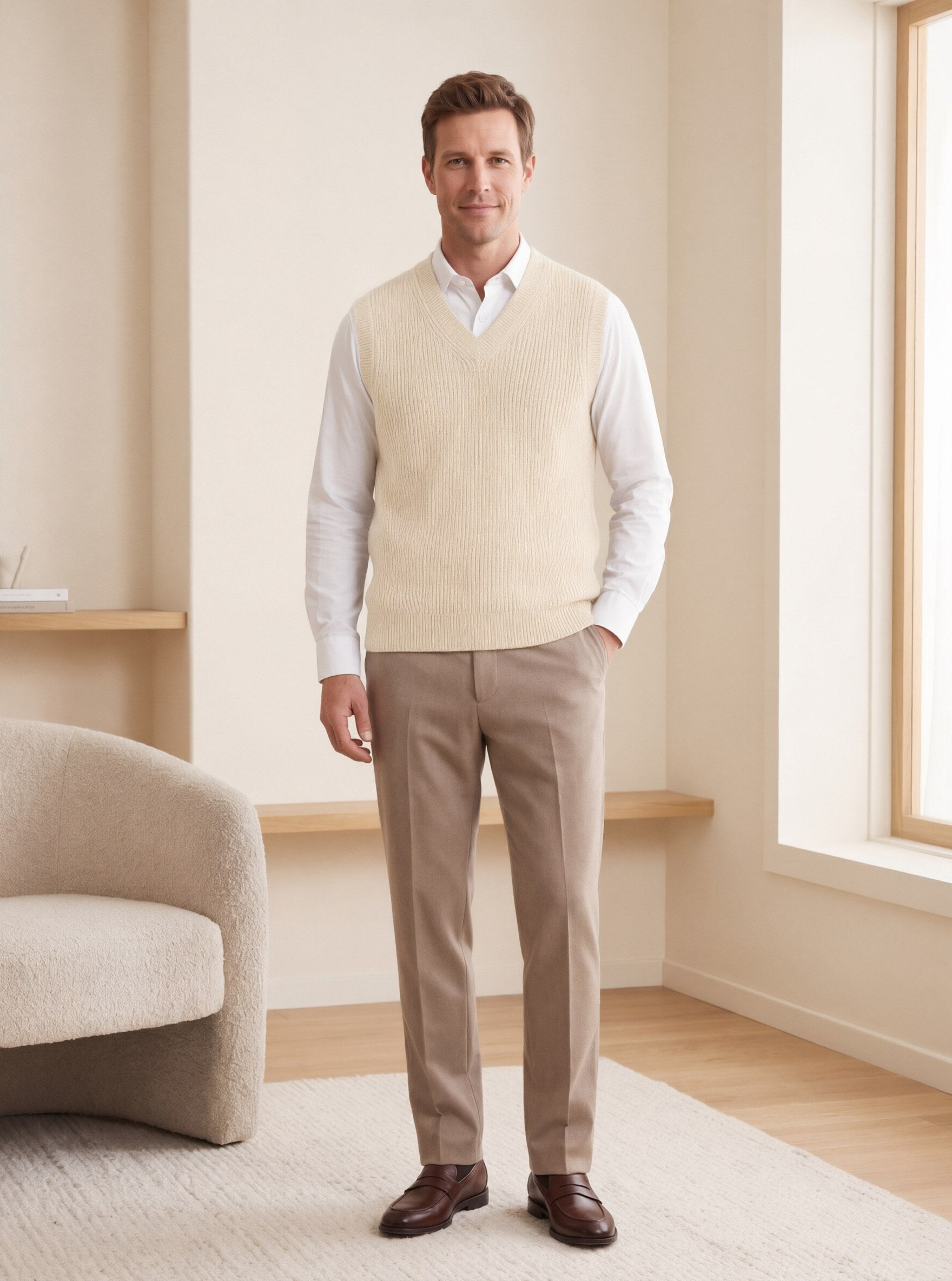 ZHILIFS men's sleeveless V-neck sweater vest in White