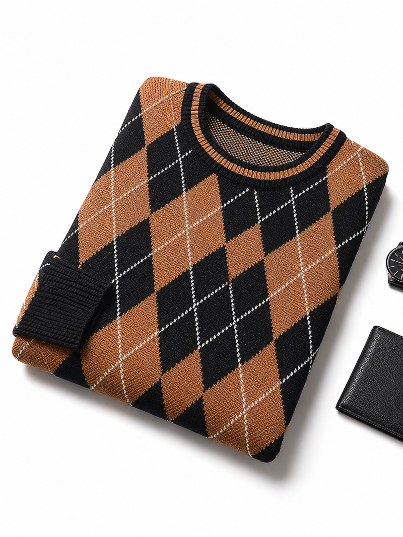 Men's Crew Neck Sweater – Checkered Pattern Knit Long Sleeve | ZHILIFS