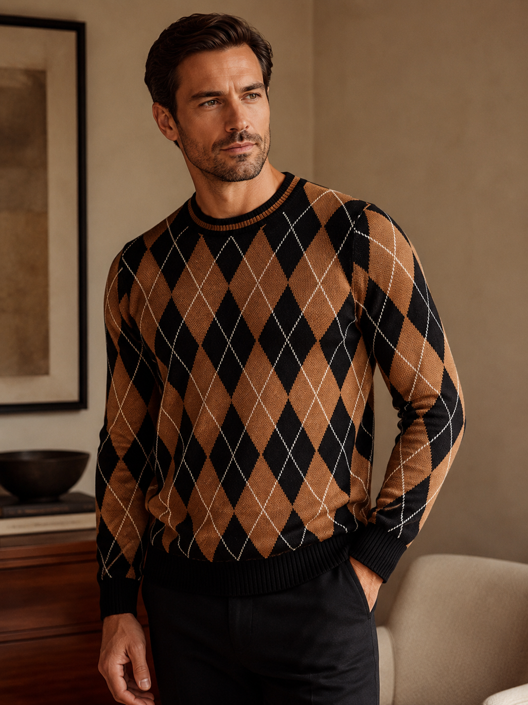 Checkered Crew Neck Sweater — Multicolor