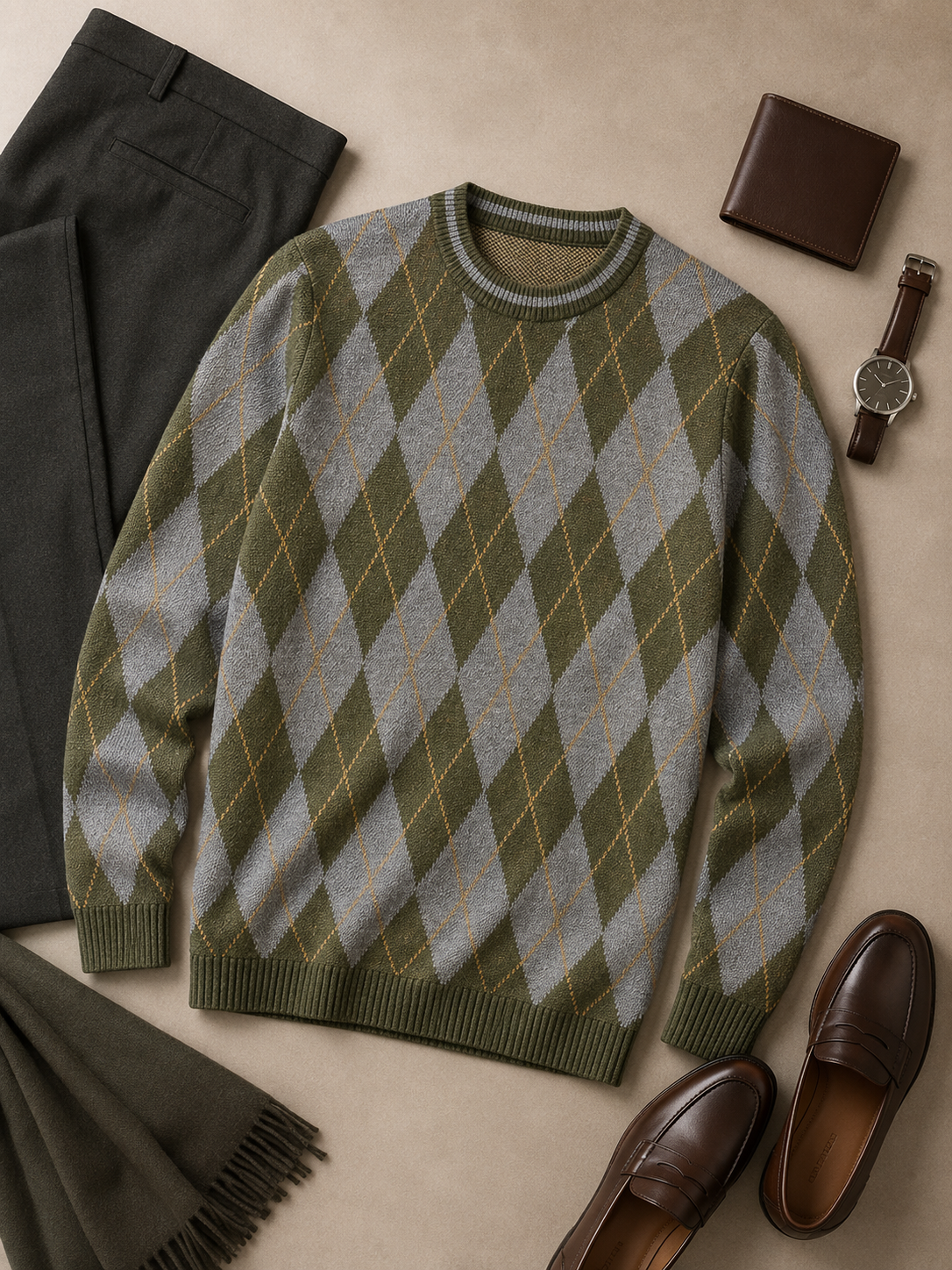 Checkered Crew Neck Sweater — Olive