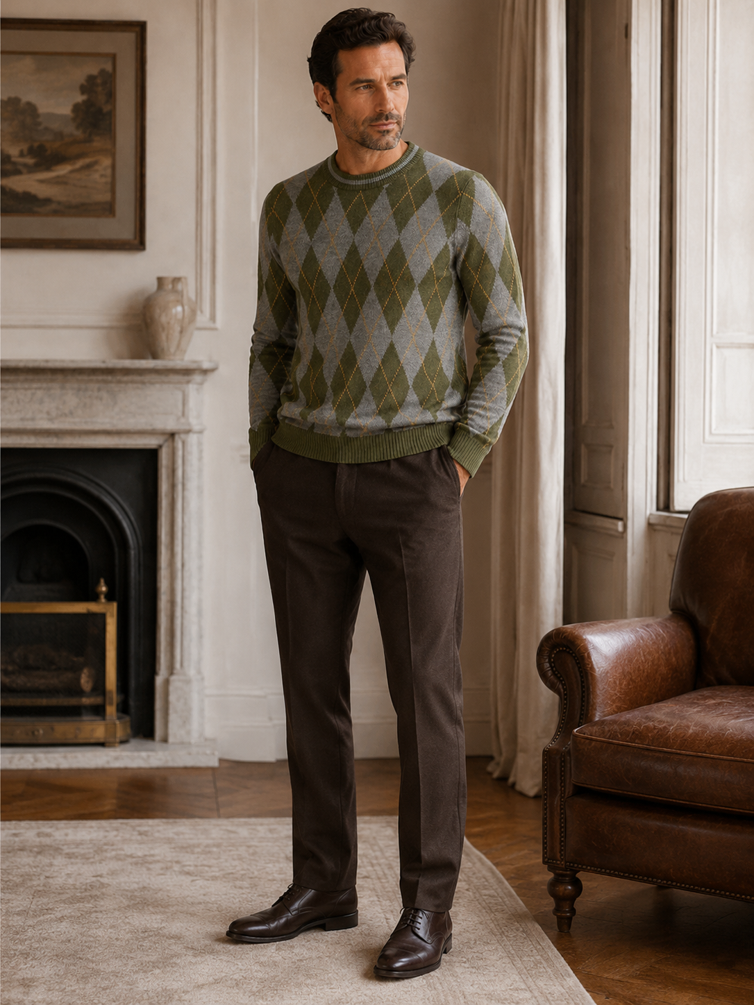 Checkered Crew Neck Sweater — Olive